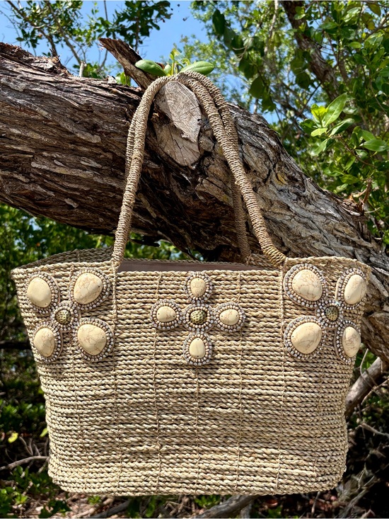 Skemo Handbags - Skēmo Large Woven Straw Bag Luxury Stones Bling Double Handle Tote Designer Rare
